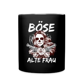 Böse Alte Frau Revolver Totenkopf Tattoo - Tasse einfarbig - Schwarz - Vorne