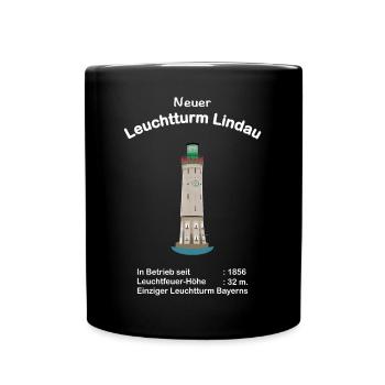 Lindau, Neuer Leuchtturm, Bodensee, Zeichnung - Tasse einfarbig - Schwarz - Vorne