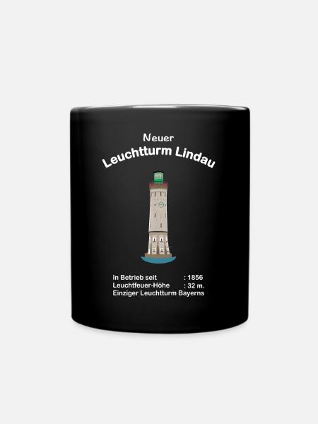 Lindau, Neuer Leuchtturm, Bodensee, Zeichnung - Tasse einfarbig - Schwarz
