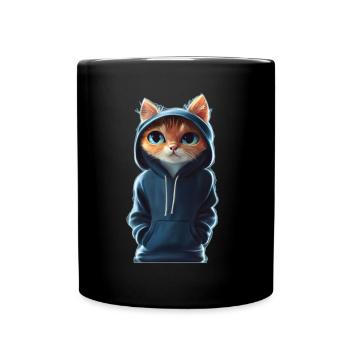Bockige Katze mit Pullover - Tasse einfarbig - Schwarz - Vorne