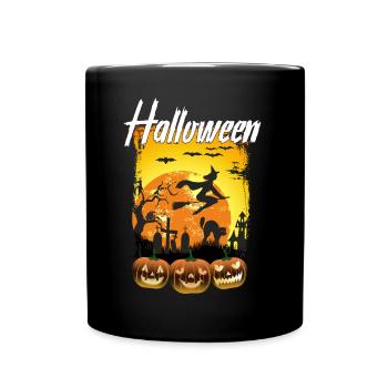 Halloween Kürbisse mit Hexe und schwarze Katze - Tasse einfarbig - Schwarz - Vorne