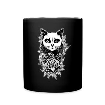 Gothic Drawing | Flowers and cat - Full Colour Mug - black - Front