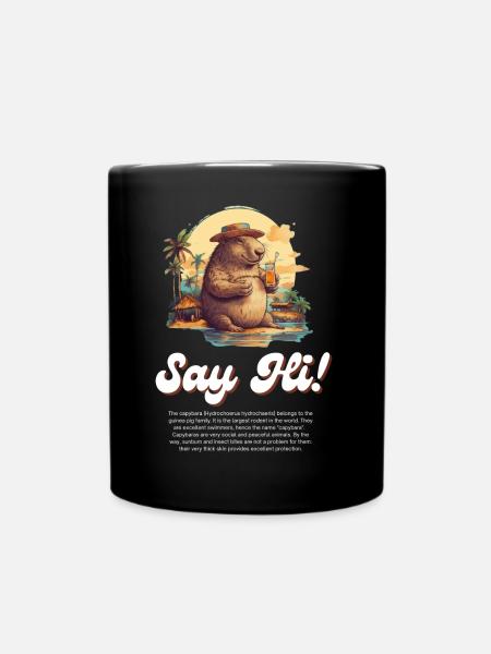 Capybara "Say Hi!" Retro Vintage Wasserschwein - Tasse einfarbig - Schwarz