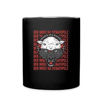 Wolf im Schafspelz, Wölfe, Schafe, Rudel, Geschenk - Tasse einfarbig - Schwarz - Vorne