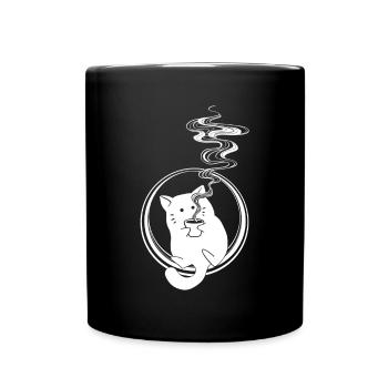 Coffee Cat, Katze mit Kaffee - Tasse einfarbig - Schwarz - Vorne