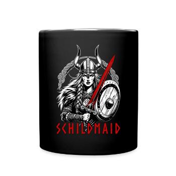 Wikinger-Schildmaid mit Schwert, Schild und Helm - Tasse einfarbig - Schwarz - Vorne