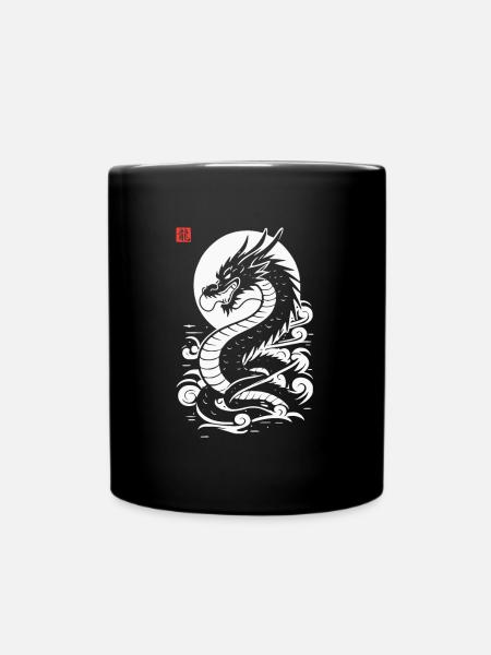 Dragon japon, style estampe japonaise blanc rouge - Mug uni - noir