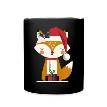 niedlicher Fuchs mit Weihnachtsmütze und Geschenk - Tasse einfarbig - Schwarz - Vorne