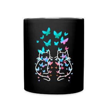 80s Retro Cat Vintage Spring Butterflies - Full Colour Mug - black - Front