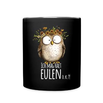 Eule mit Spruch Ich Mag Halt Eulen - Tasse einfarbig - Schwarz - Vorne