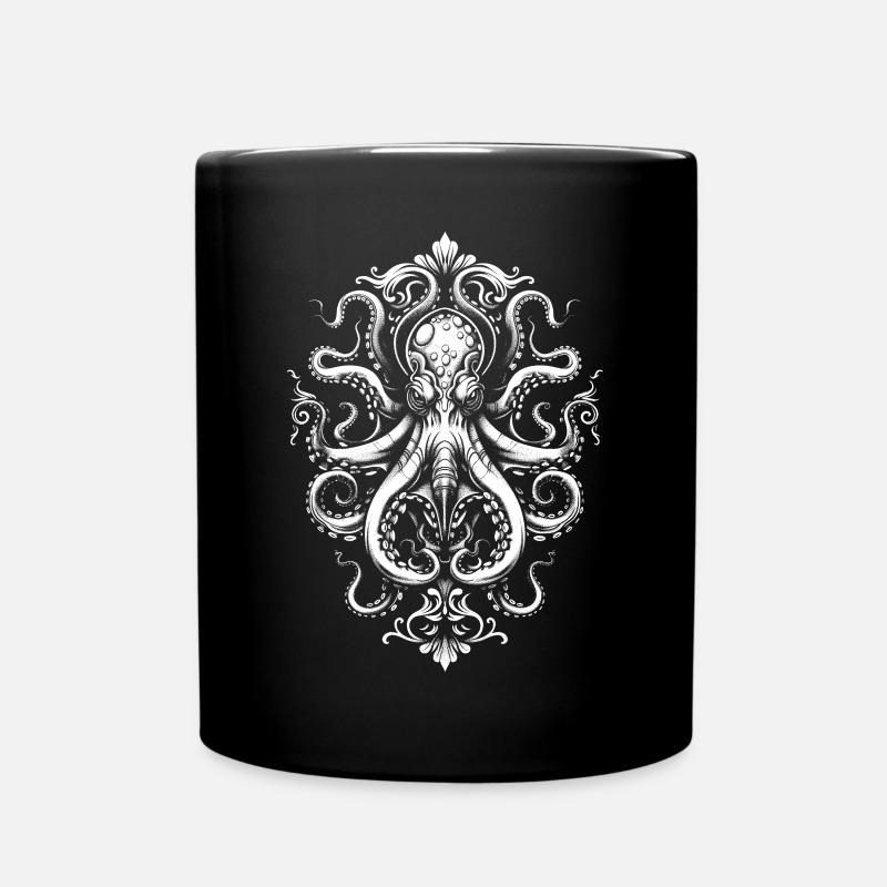 Octopus Ornament – Tattoo in White - Full Colour Mug - black