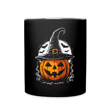 Citrouille effrayante avec chapeau de sorcière et pleine lune - Mug uni - noir - Devant