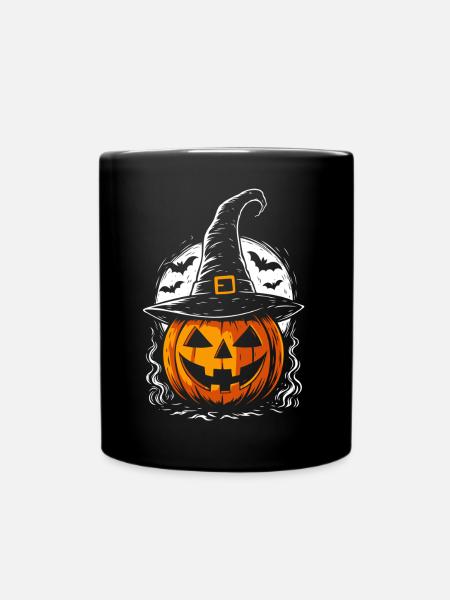 Gruseliger Kürbis mit Hexenhut & Vollmond - Tasse einfarbig - Schwarz