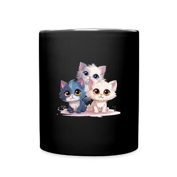 3 Kleine niedliche Katzen mit großen Augen - Tasse einfarbig - Schwarz - Vorne