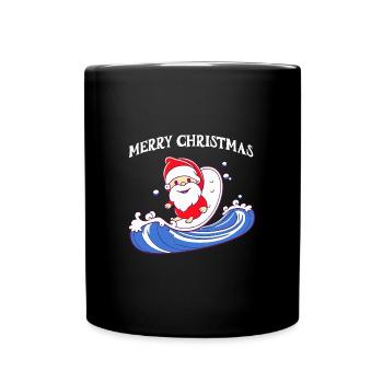 Merry Christmas Weihnachtsmann auf dem Surfbrett - Tasse einfarbig - Schwarz - Vorne