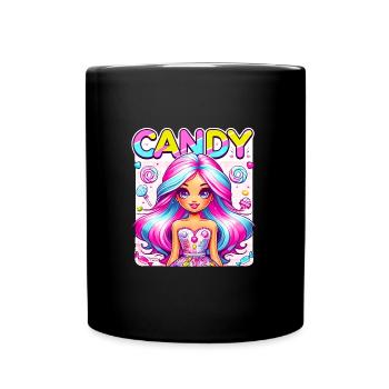 "CANDY" Lebhafte Cartoon-Frau, Bonbon Farben - Tasse einfarbig - Schwarz - Vorne