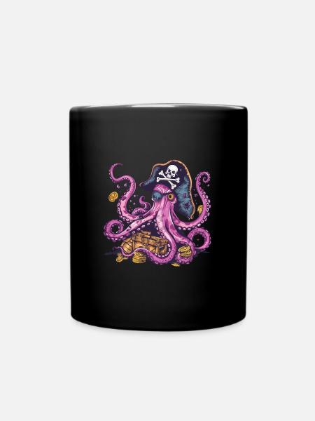 Piratenkrake mit Schatztruhe und Münzen - Tasse einfarbig - Schwarz
