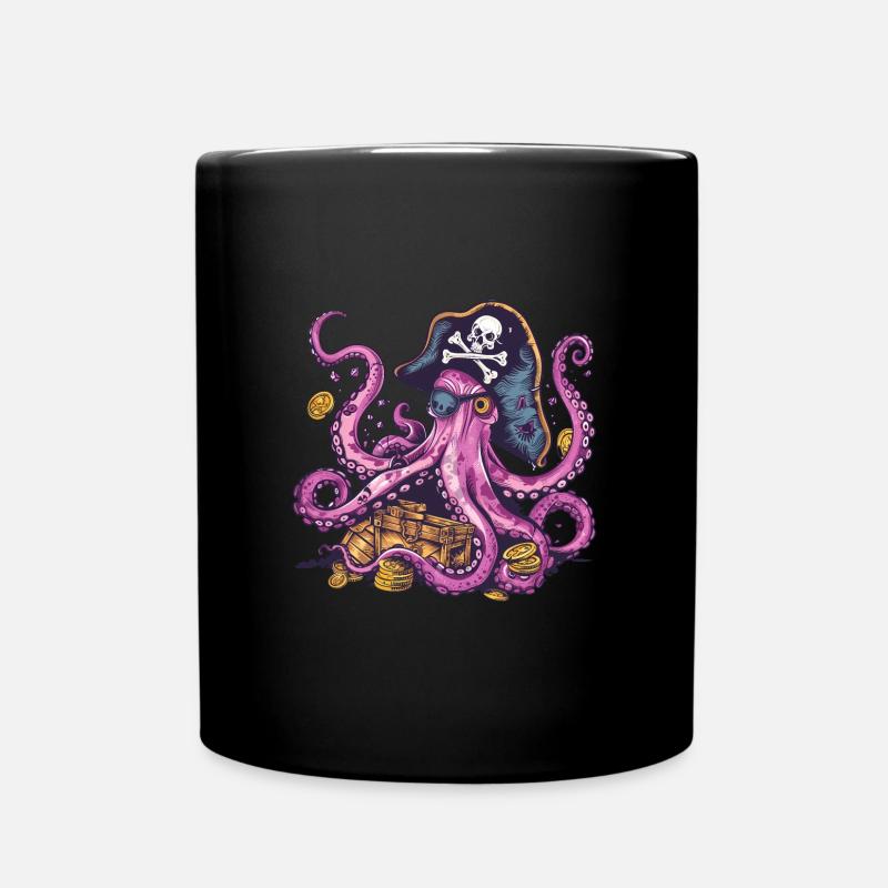 Pieuvre pirate avec coffre au trésor et pièces de monnaie - Mug uni - noir