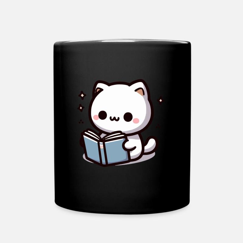 Süße kawaii Katze die ein Buch liest - Tasse einfarbig - Schwarz
