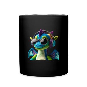 Gehäkelte Drachendame mit Sonnenbrille und Kopfhör - Tasse einfarbig - Schwarz - Vorne
