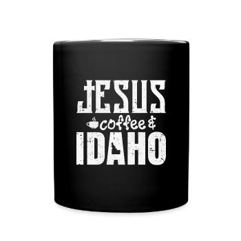 Jesus Kaffee und Idaho - Tasse einfarbig - Schwarz - Vorne