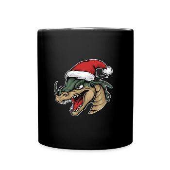 Drache mit Weihnachtsmütze: Festlicher Flammenzaub - Tasse einfarbig - Schwarz - Vorne