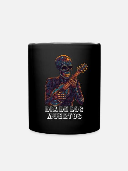 Day of the Dead Skeleton with Guitar Sugar Skull - Full Colour Mug - black