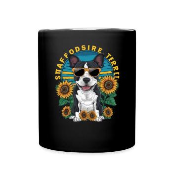 Staffordshire Bull Terrier mit Sonnenblumen - Tasse einfarbig - Schwarz - Vorne