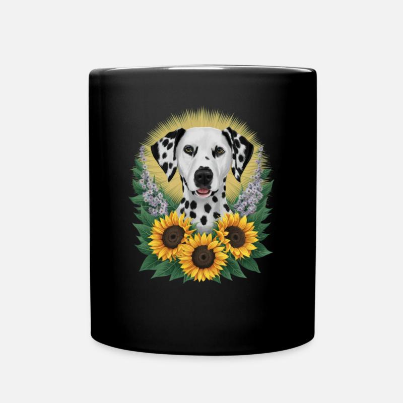 Süßer Dalmatiner mit Sonnenblumen und Flieder - Tasse einfarbig - Schwarz