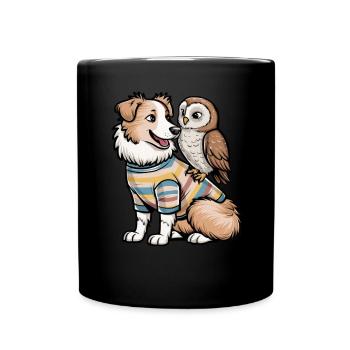 Niedlicher Australischer Schäferhund mit Eule - Tasse einfarbig - Schwarz - Vorne