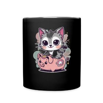 Chat Kawaii avec Tirelire - Mug uni - noir - Devant