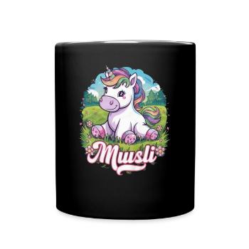Kawaii Einhorn auf Blumenwiese - Tasse einfarbig - Schwarz - Vorne