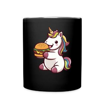Kawaii Einhorn isst Hamburger - Tasse einfarbig - Schwarz - Vorne