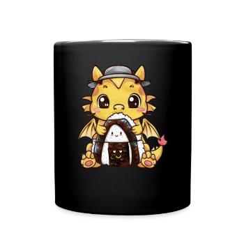 Kawaii Drache mit großem Onigiri Reisball - Tasse einfarbig - Schwarz - Vorne