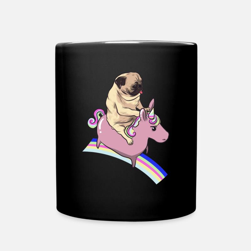 Pug rides a unicorn - Full Colour Mug - black