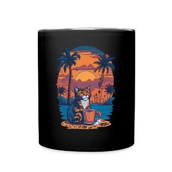 Retro Katze mit Kaffeetasse Illustration - Tasse einfarbig - Schwarz - Vorne