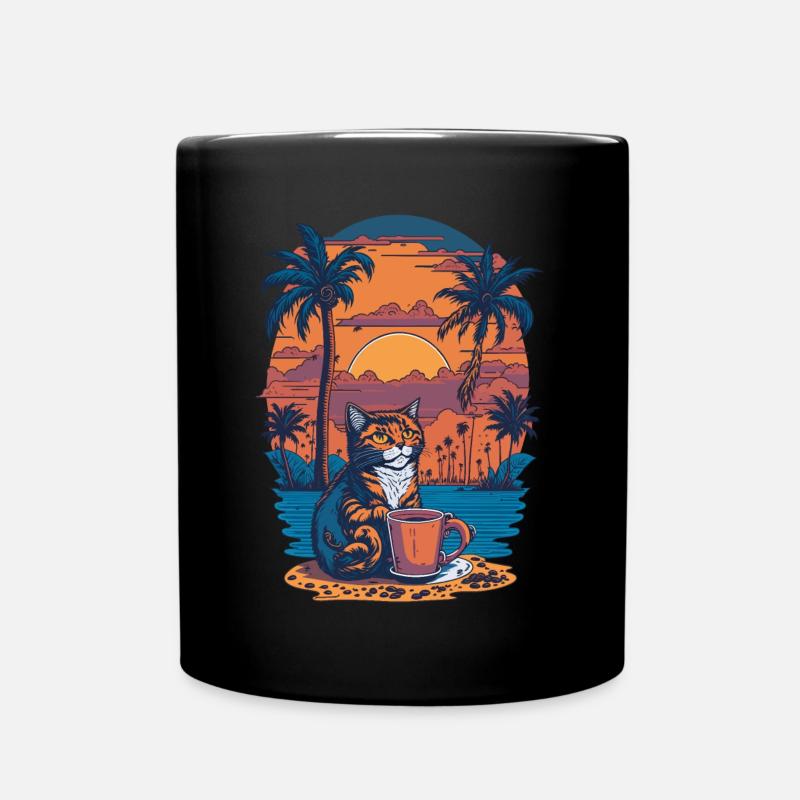 Retro Katze mit Kaffeetasse Illustration - Tasse einfarbig - Schwarz