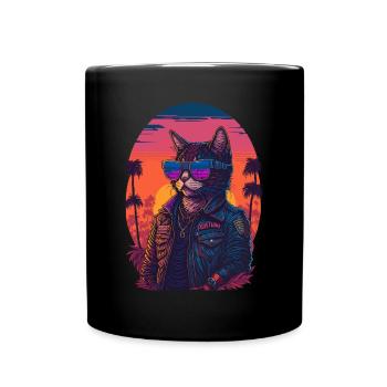 Illustration des années 80 d’un chat portant des lunettes de soleil - Mug uni - noir - Devant