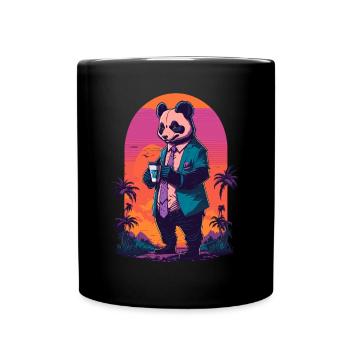 80's Illustration eines Pandas mit Kaffeetasse - Tasse einfarbig - Schwarz - Vorne