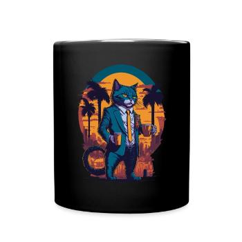 80's illustration of a cat with a coffee cup - Full Colour Mug - black - Front