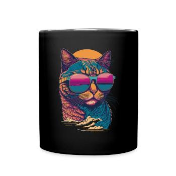 Chat et soleil illustration d’été rétro - Mug uni - noir - Devant