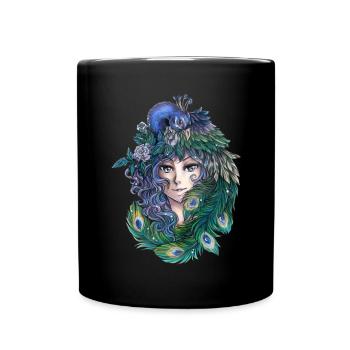 Mystische Dame mit Pfau Mangastil Gothic Fantasy - Tasse einfarbig - Schwarz - Vorne