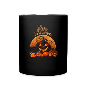 Happy Halloween Black Cat Pumpkin Witch Bat - Full Colour Mug - black - Front