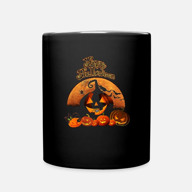 Happy Halloween Black Cat Pumpkin Witch Bat - Full Colour Mug - black
