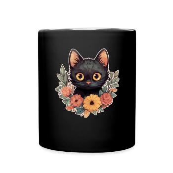 Schwarze Katze Blumen Kinder Comic Katzen Fan - Tasse einfarbig - Schwarz - Vorne