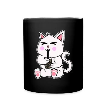 Bubble Tea Drinking White Cat Anime Kawaii - Full Colour Mug - black - Front
