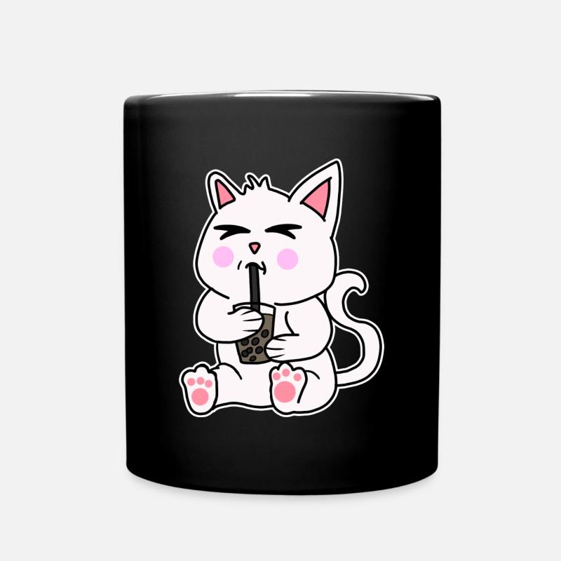 Bubble Tea Drinking White Cat Anime Kawaii - Full Colour Mug - black