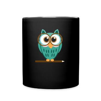 Eule mit Brille und Bleistift - Tasse einfarbig - Schwarz - Vorne