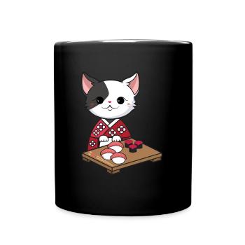 Cute Kawaii Cat in Kimono Sushi - Tasse einfarbig - Schwarz - Vorne