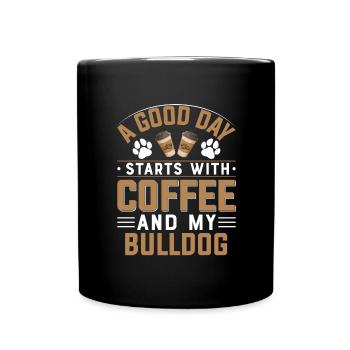 Drinking Coffee Dog Owner Petting Bulldog - Full Colour Mug - black - Front